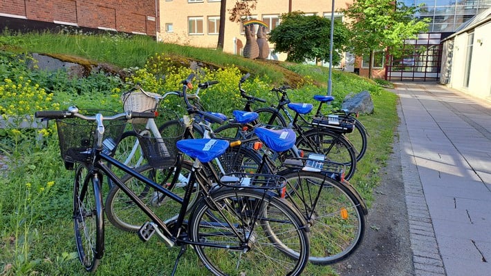 Parkerade cyklar med sadelskydd.
