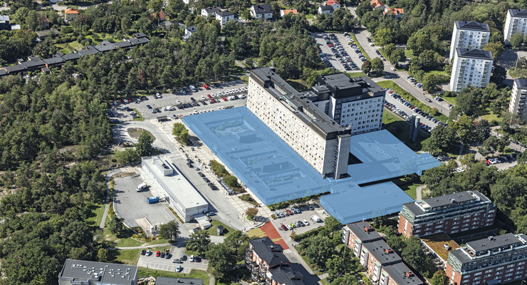 Flygbild över Nacka sjukhus med lågdelen på sjukhuset markerad.