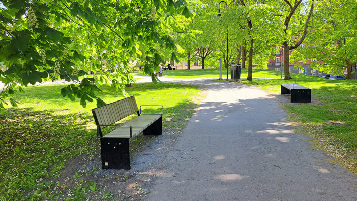 Gångväg genom grönskande park kantad av olika sittplatser.